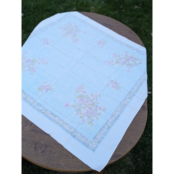 Vintage Linen Tablecloth Teal Floral Tablecloth Cottage Grandma Core 48" x 48" - Picture 8 of 16